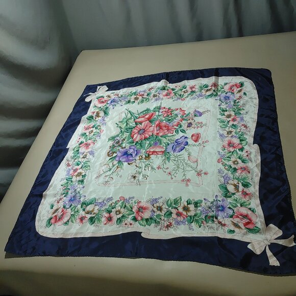 Flowers Floral Print Satin Square Scarf 30 by 30 Navy Border Bow Design - Picture 4 of 12